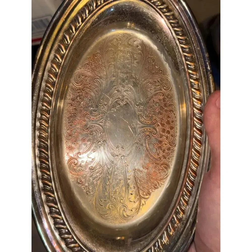 Vintage Silver Plate On Copper Oval Serving Dish / Tray, Eagle in Shield Makers